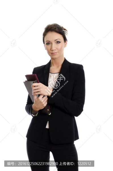 商業(yè)婦女與文件夾的肖像。白色隔離。