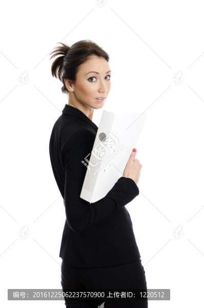 商業(yè)婦女與文件夾的肖像。白色隔離。