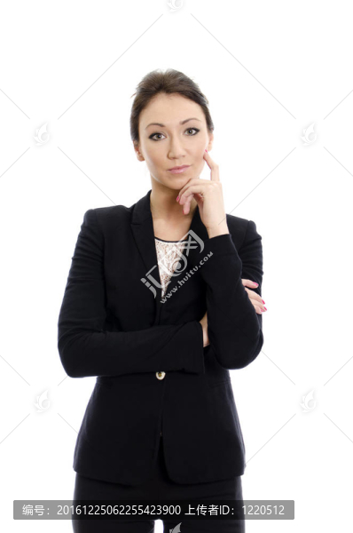 漂亮的黑發(fā)的思考。白色隔離。