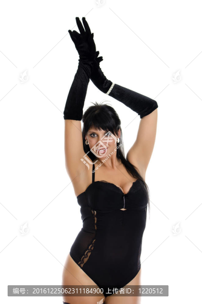 誘人的婦女在黑色內(nèi)衣手套。白色隔離。