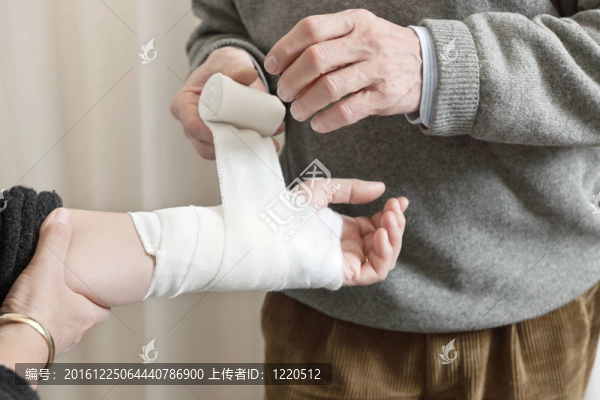 醫(yī)生用繃帶包扎受傷的手