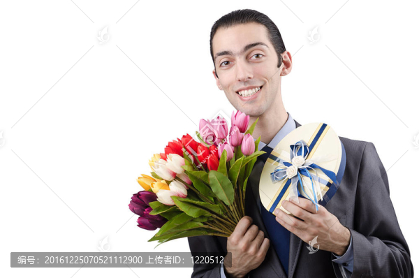 用禮品盒和鮮花的商人
