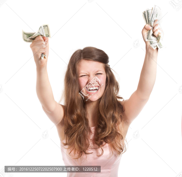 快樂的少女手里拿著美元