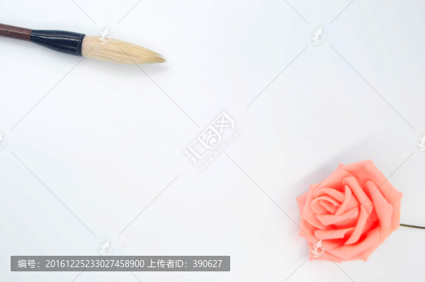 白色背景上的粉色玫瑰花和毛筆