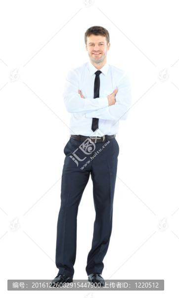 快樂(lè)的年輕商人的全身肖像；白色背景下的孤立