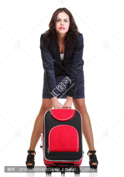 年輕的女商人全長(zhǎng)晚紅色旅游的書包