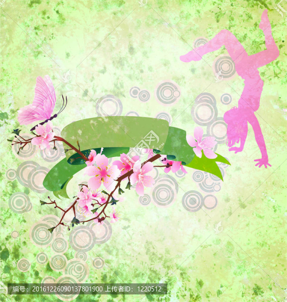 春天滾動(dòng)與櫻花花；蝴蝶；舞蹈女孩和綠色裝飾