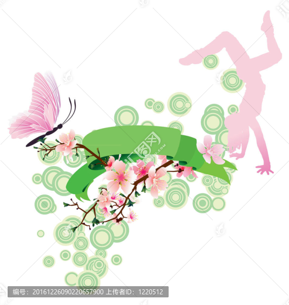 春季滾動(dòng)與櫻花花；蝴蝶；舞蹈女孩和綠色裝飾