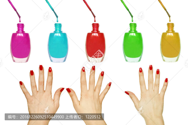 修甲套裝-美麗的紅色指甲的女人的手和彩色指甲油白色隔離