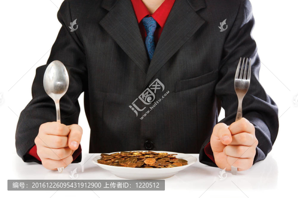 商人在白色的背景下吃飯