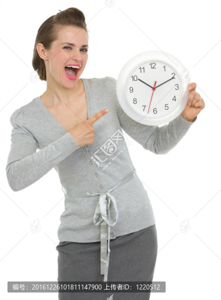 快樂的商業(yè)女性指著時(shí)鐘