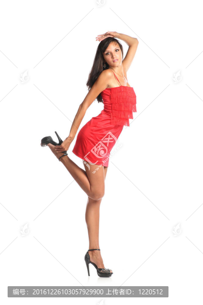一個穿著紅裙子的年輕漂亮女人的畫像。