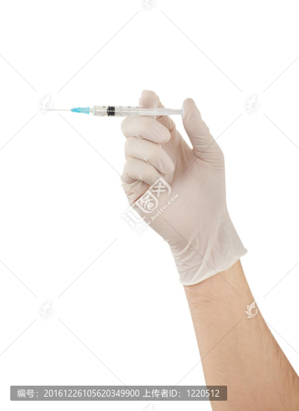 持醫(yī)用注射器隔離手套的醫(yī)生手