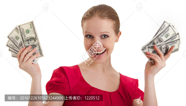 穿著紅色上衣的漂亮女人拿著錢，白色背景上的美元