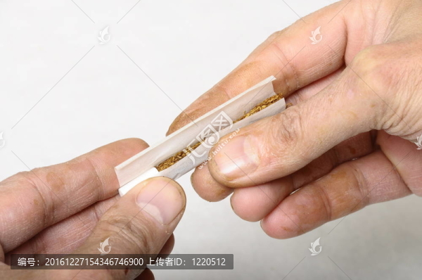 手工工人手（帶有油漆和清漆的斑點）在清晰的背景下滾動煙草
