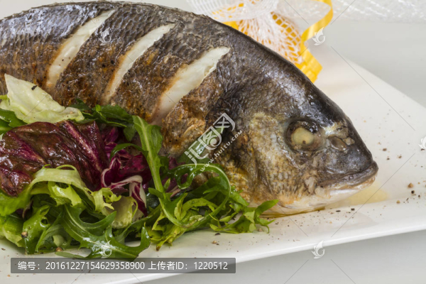 金色與白色的盤子沙拉魚(yú)。工作室拍攝