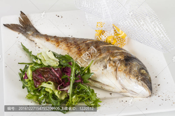 金色與白色的盤子沙拉魚。工作室拍攝