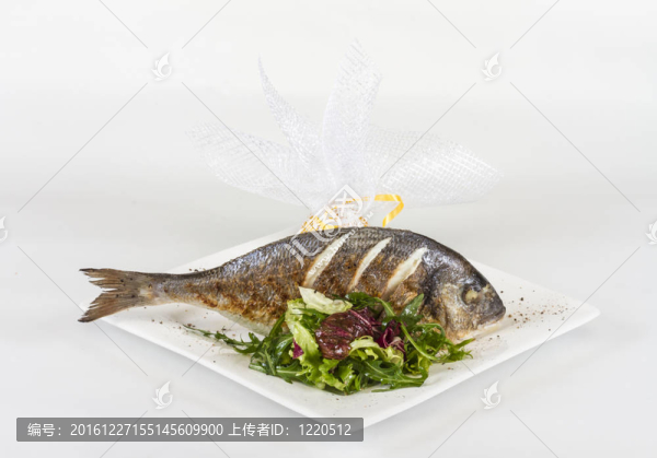金色與白色的盤子沙拉魚。工作室拍攝