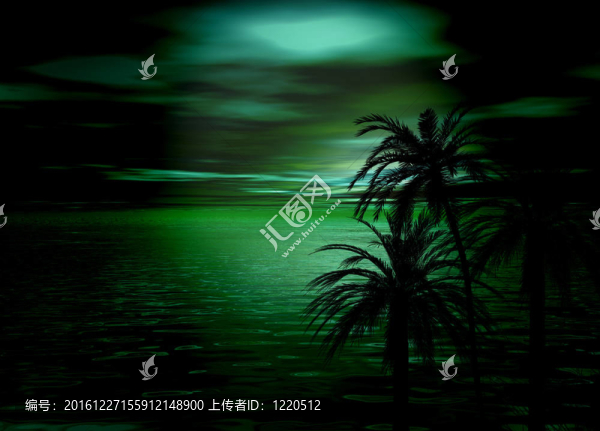 綠色海洋和天空日落與樹剪影