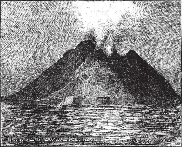 意大利斯特龍博利火山爆發(fā)；；；復(fù)古雕刻。