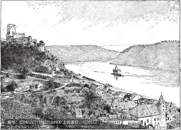 Burg,Gutenfels；Rhin河；德國；復古雕刻。