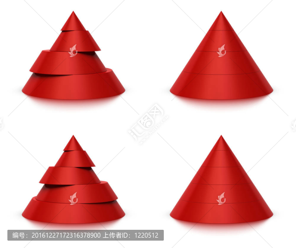 三維錐形切片；紅金字塔4（四）或5（五）級(jí)；白色背景和反射