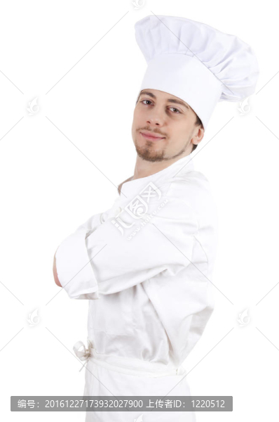 男青年廚師，白色制服和帽子；白色背景