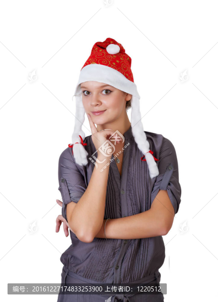 美麗的女人在黑色背景圣誕老人帽子