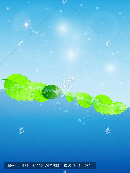 藍(lán)水波伴鮮綠葉。插畫。