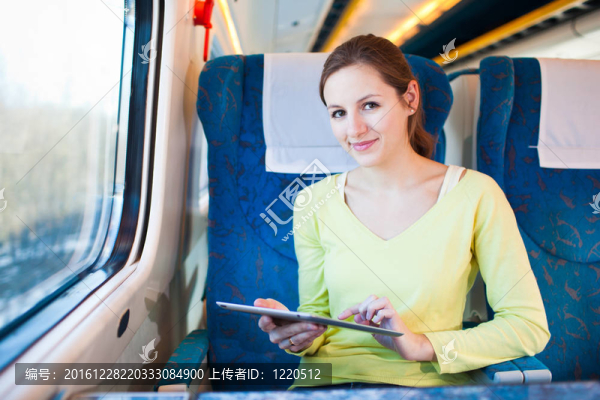 年輕女子坐火車旅行時使用平板電腦