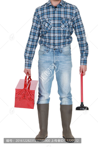 工匠拿著工具箱和柱塞