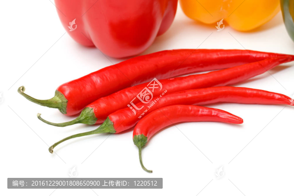 在白色背景的Chili,pepper和紅辣椒