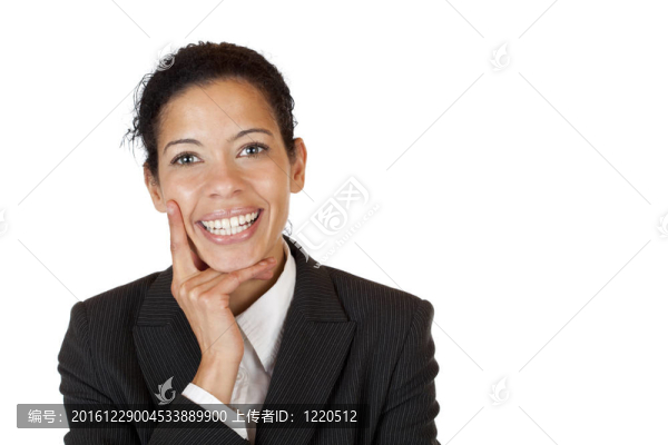 自信的商業(yè)女性微笑快樂(lè)成相機(jī)
