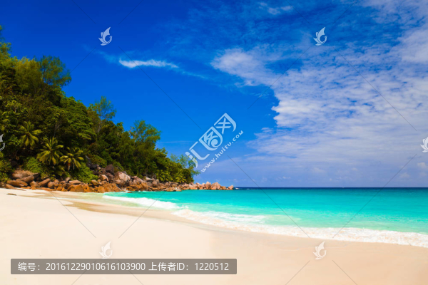 在普拉蘭島熱帶海灘；塞舌爾
