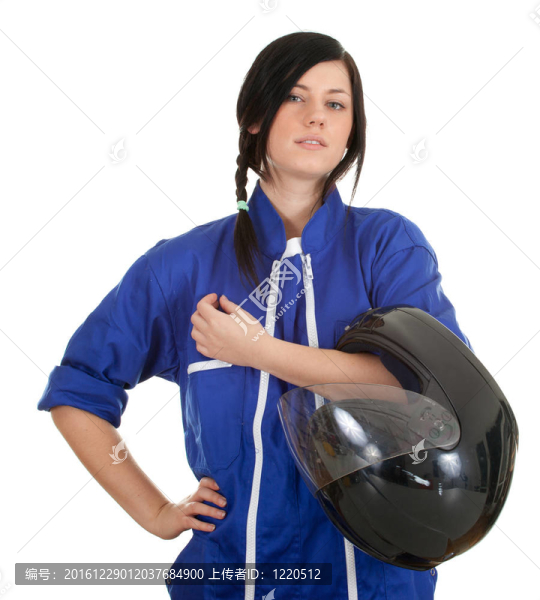 藍色工作服與黑色摩托車頭盔女