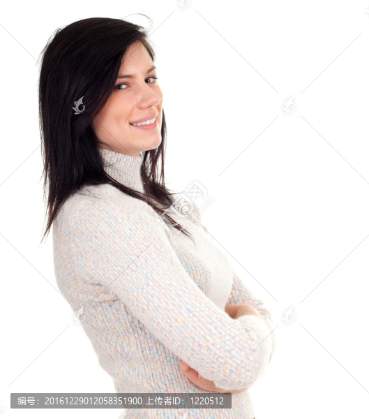 年輕的長發(fā)女人穿著明亮的毛衣