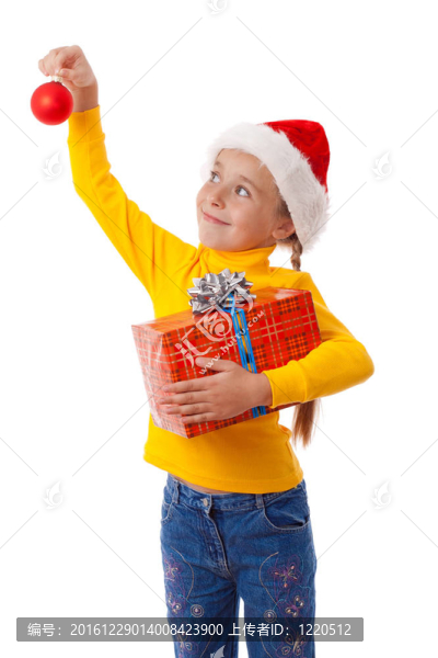 微笑女孩在Santa的帽子與紅盒子