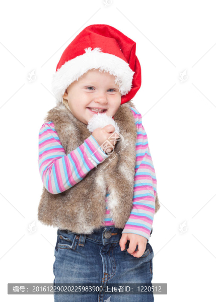穿著毛皮夾克和紅Santa帽子的小金發(fā)女孩