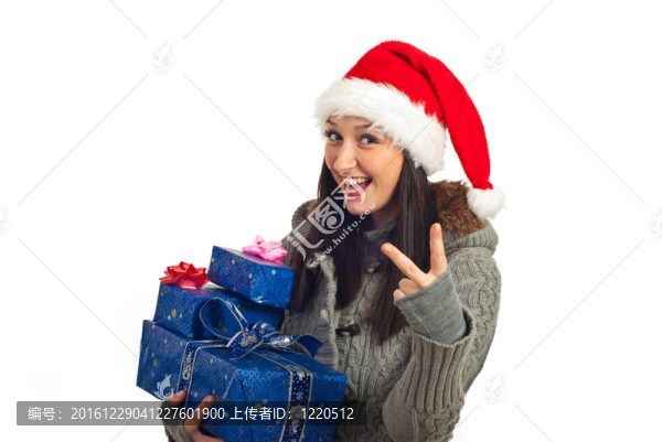 快樂圣誕婦女展示勝利標(biāo)志