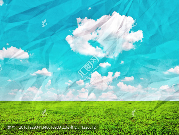 美麗的綠色的田野和蔚藍(lán)的天空在垃圾皺巴巴的紙