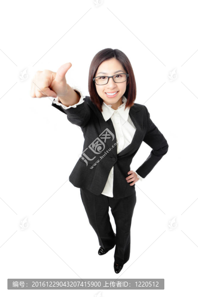 成功的商業(yè)女性給你一個很好的標志，從白色背景上的高角度的全長度的人像視圖。