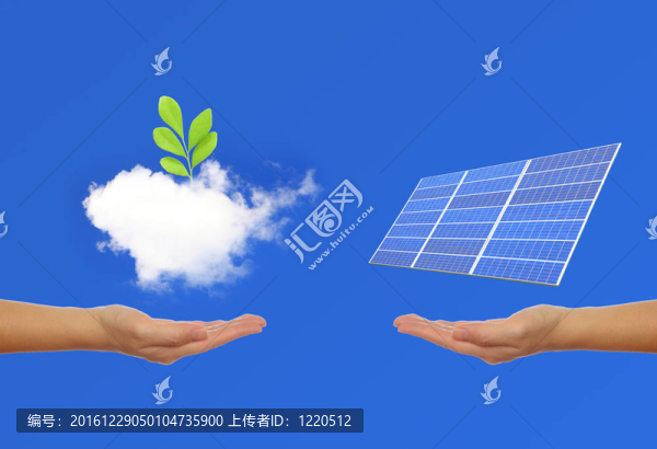 手用太陽能電池板；綠色植物；天空背景