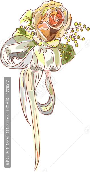玫瑰緞帶。婚禮胸花。