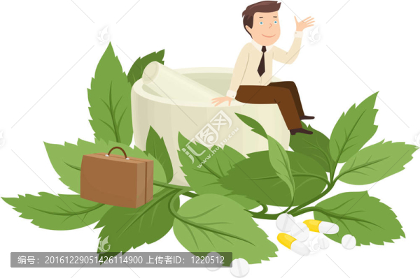 概念健康保健插圖商人坐在迫擊炮；銷售天然藥丸