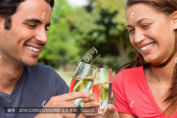 兩個朋友微笑著一起碰杯