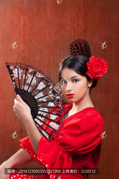 吉普賽弗拉門戈舞蹈家的女人紅玫瑰的西班牙球迷