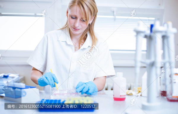 一位女研究員在實驗室做研究的畫像