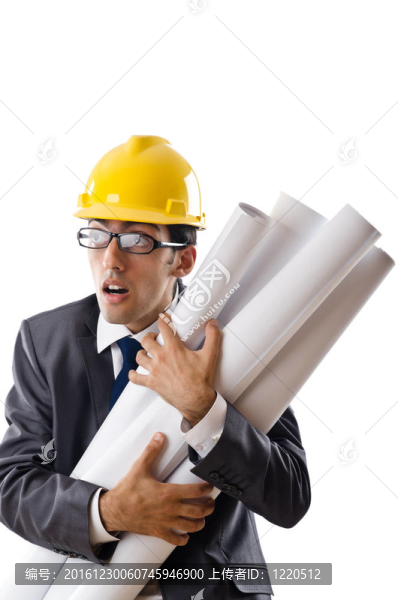年輕建筑師與圖紙孤立的白色
