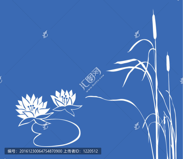 藍色背景上的睡蓮和蘆葦。