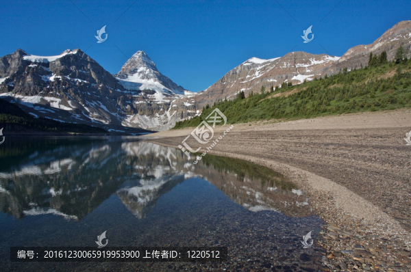 反射阿西尼博因山；加拿大落基山脈